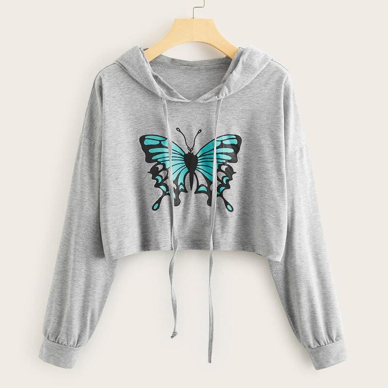 

Butterfly Print Drawstring Hooded Sweatshirt, Grey