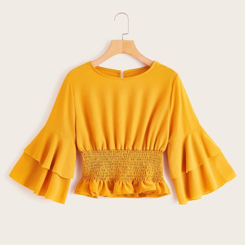 

Keyhole Back Shirred Ruffle Hem Flounce Sleeve Blouse, Yellow