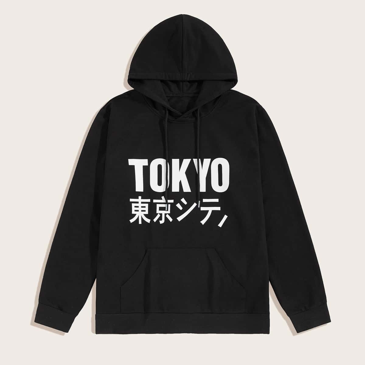 

Guys Letter Graphic Drawstring Hooded Sweatshirt, Black