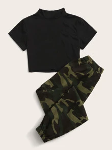 Seusyu 素色小高領T恤和迷彩褲子 - 彩色 - 查看 3