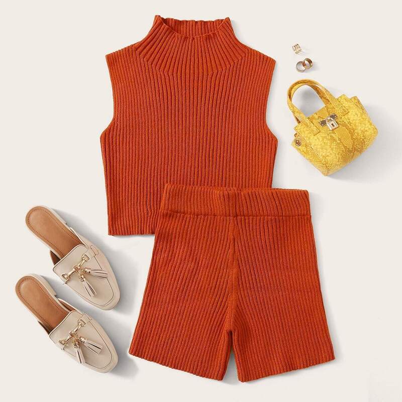 

Solid Stand Collar Crop Knit Top & Sweater Shorts, Orange