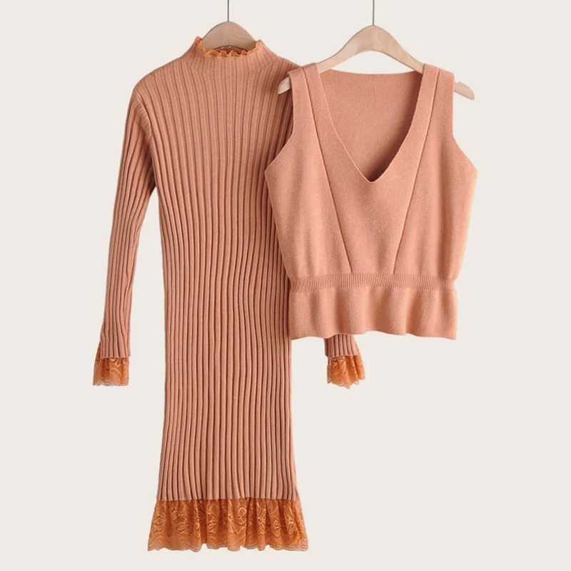 

Lace Panel Sweater Dress & Ruffle Hem Sweater Vest, Pink