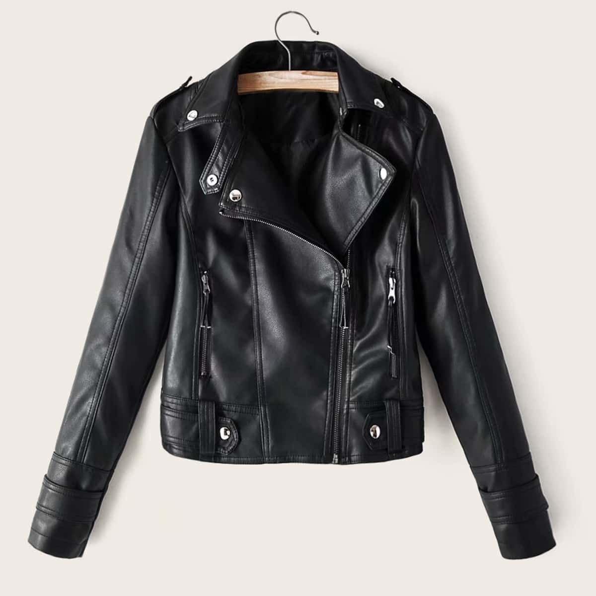 

Zip Detail PU Biker Jacket, Black