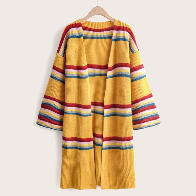 

Drop Shoulder Rainbow Stripe Cardigan, Yellow