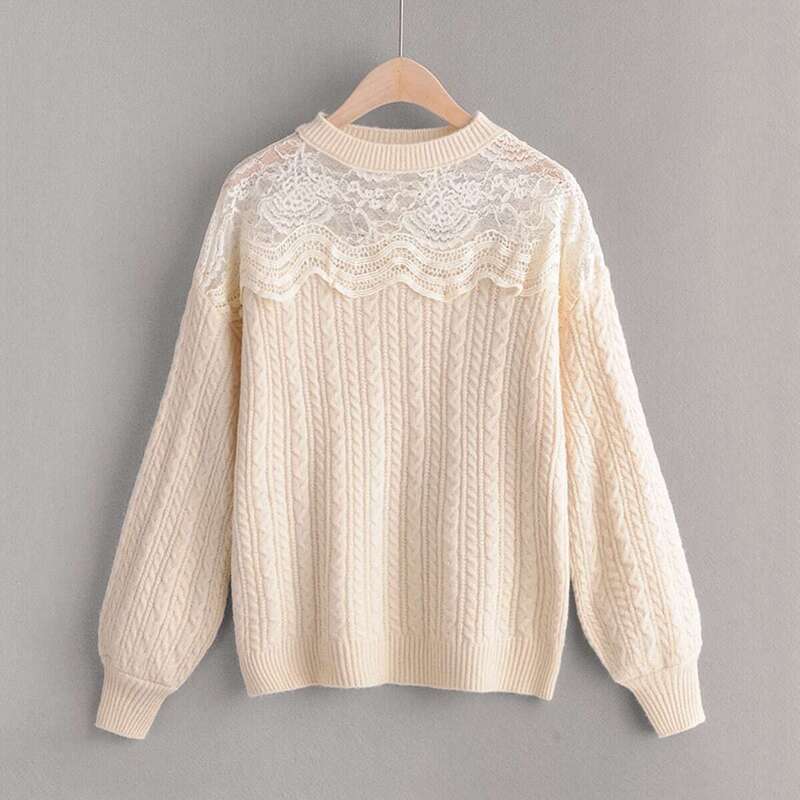 

Drop Shoulder Lace Panel Jumper, Beige