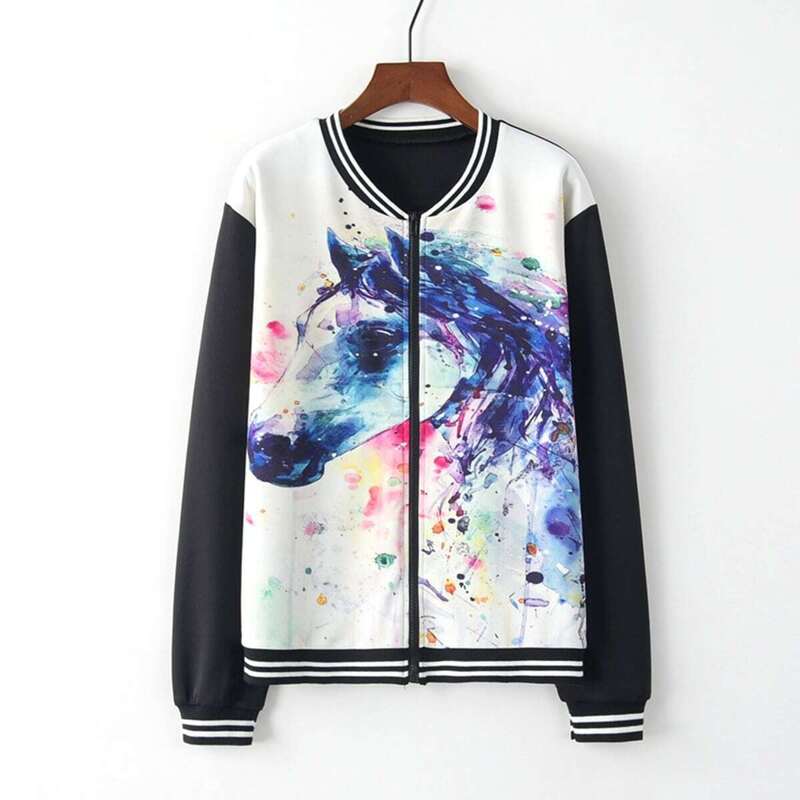 

Contrast Striped Horse Print Baseball Jacket, Multicolor