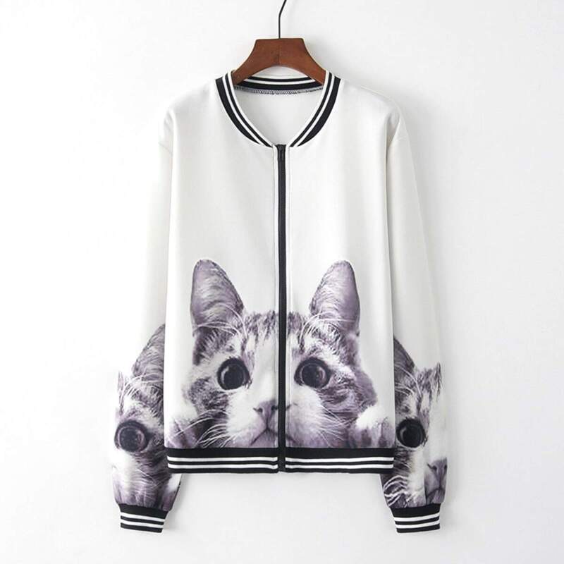 

Contrast Striped Cat Print Zip Up Baseball Jacket, White