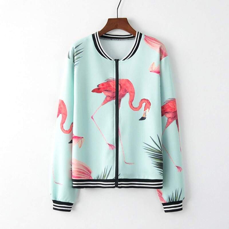 

Contrast Binding Flamingo Print Baseball Jacket, Green