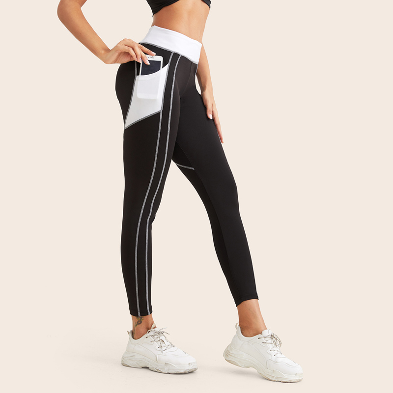 

Topstitching Contrast Waist Patched Pocket Leggings, Black