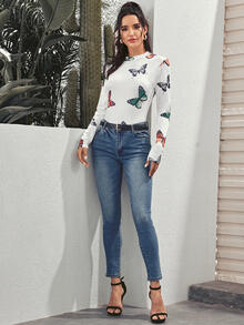 Stand Collar Butterfly Print Skinny Tee