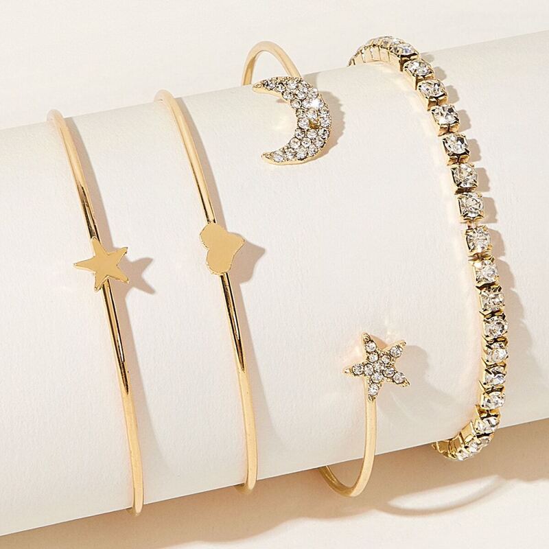 

Rhinestone Engrave Star & Moon Decor Bracelet 4pcs, Gold