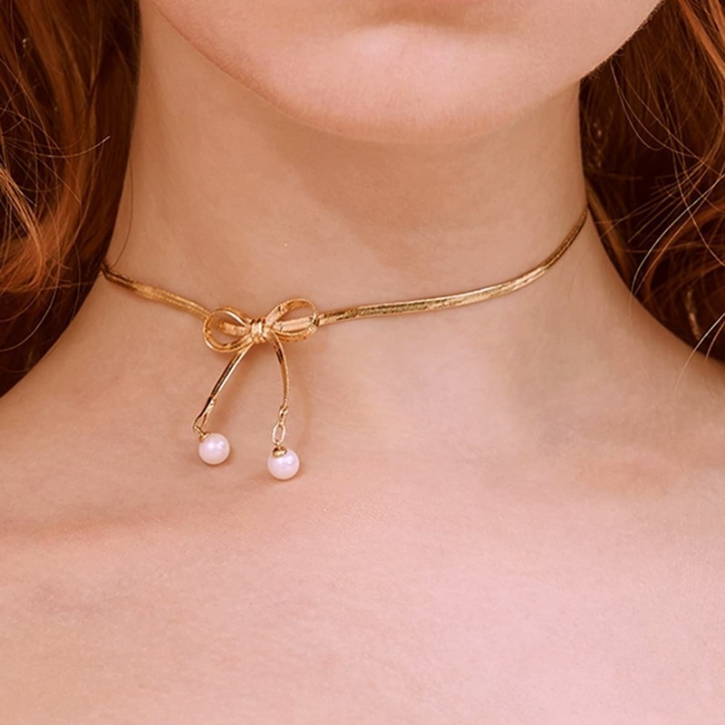 

Faux Pearl Decor Bow Knot Choker 1pc, Gold