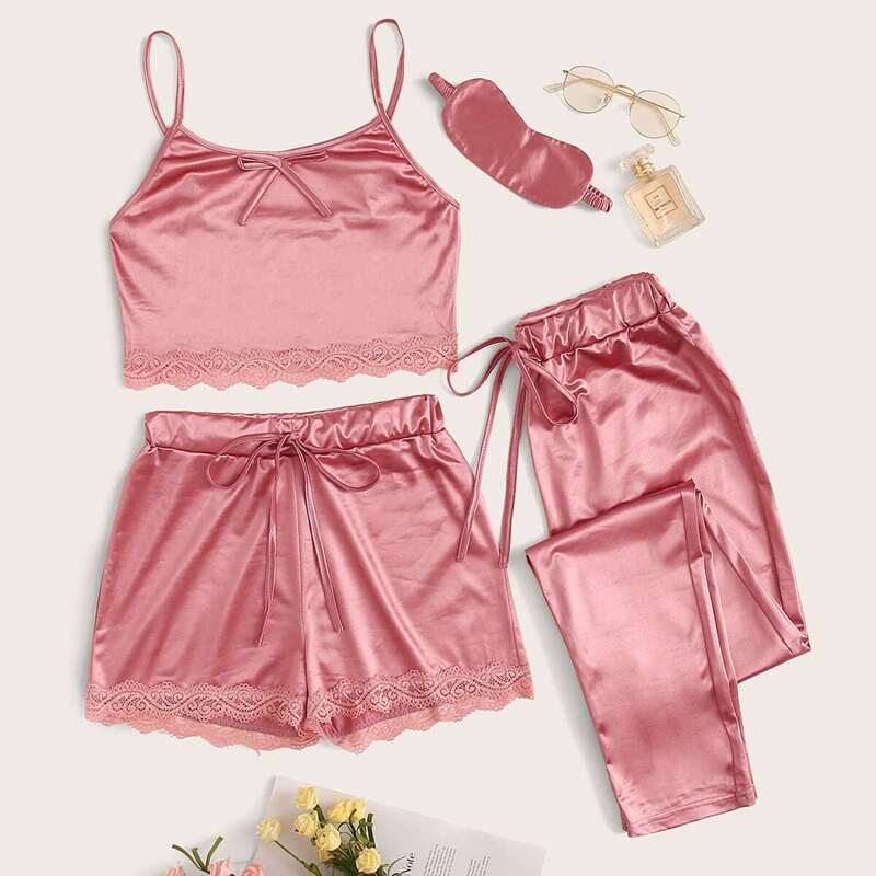 

4Pcs Lace Trim Satin Cami PJ Set With Eye Mask, Pink