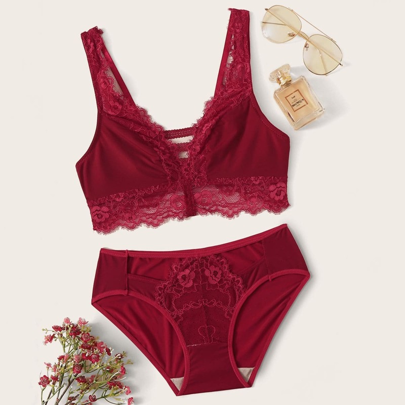 

Eyelash Floral Lace Lingerie Set, Red