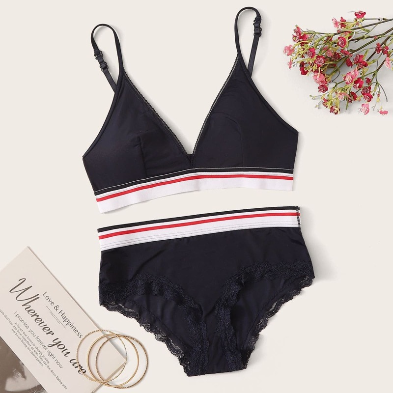 

Striped Lace Trim Lingerie Set, Navy