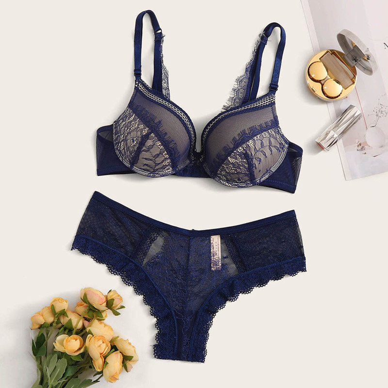 

Eyelash Lace Underwire Lingerie Set, Navy blue