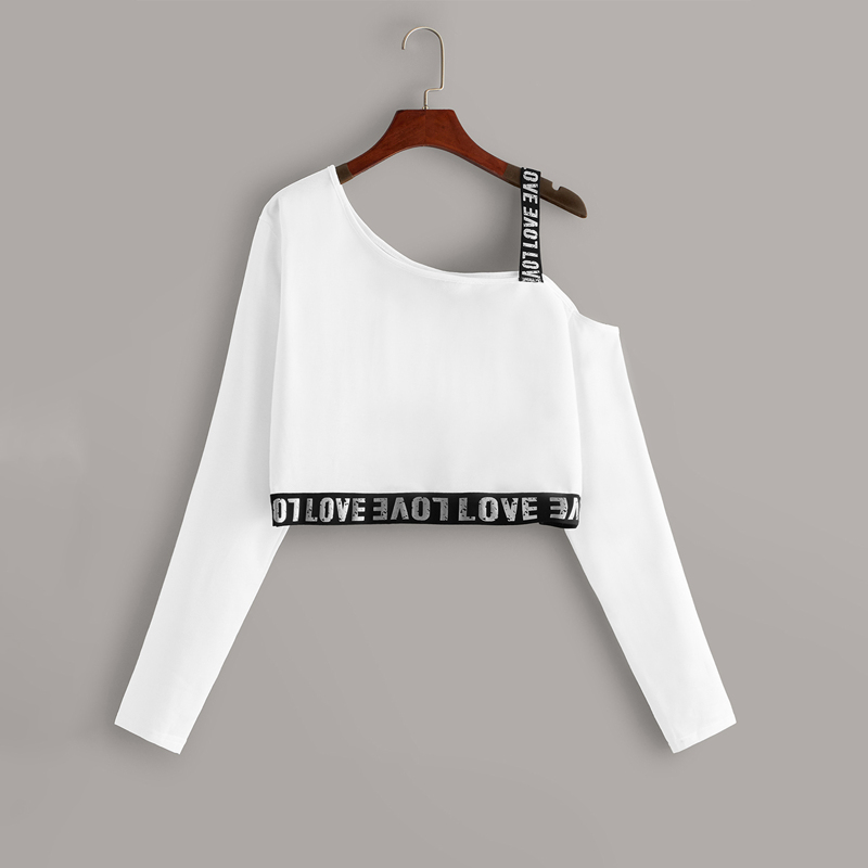 

Asymmetrical Neck Letter Tape Sweatshirt, White