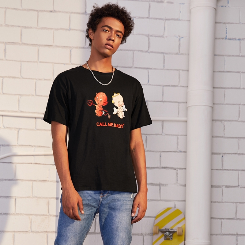 

Guys Angel & Devil Print Round Neck Tee, Black