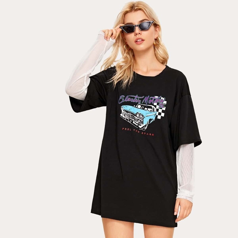 

Car Print Contrast Fishnet Sleeve Tee Dress, Black