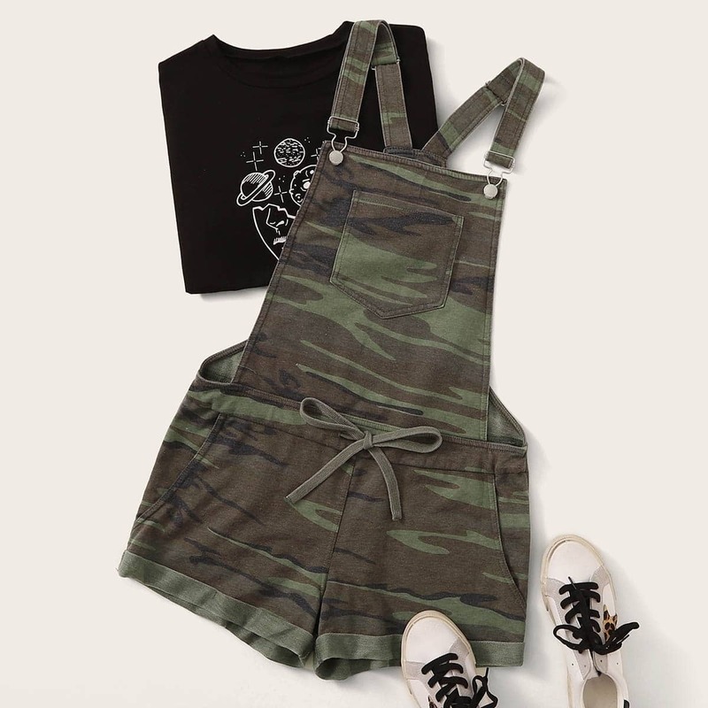 

Camo Print Tie Front Pinafore Romper, Multicolor