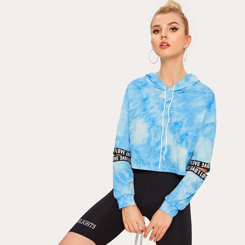 

Letter Tape Cut Out Sleeve Tie Dye Crop Hoodie, Blue