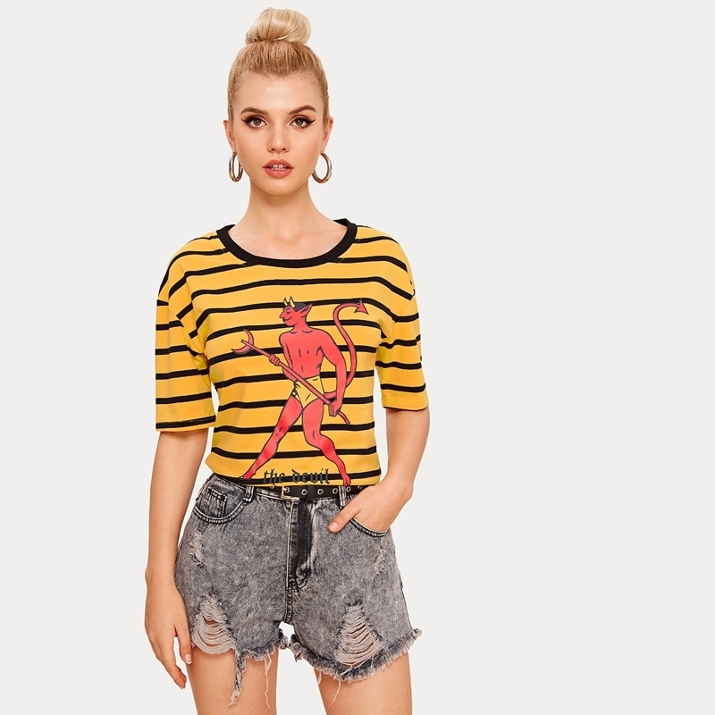 

Striped & Figure Print Contrast Trim Tee, Yellow