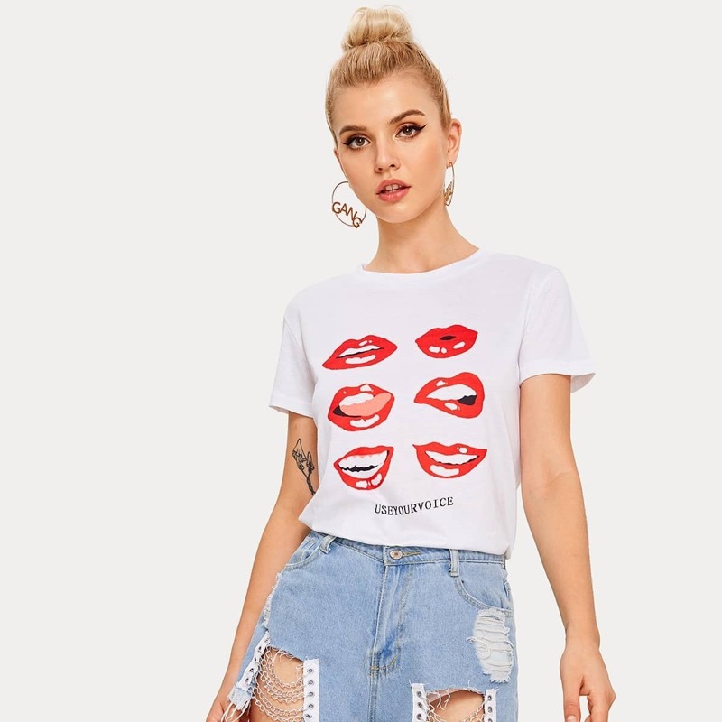 

Lip & Letter Print Round Neck Tee, White