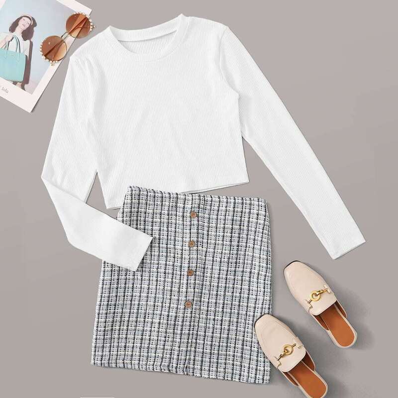 

Rib-Knit Crop Top With Button Front Plaid Tweed Skirt, Multicolor