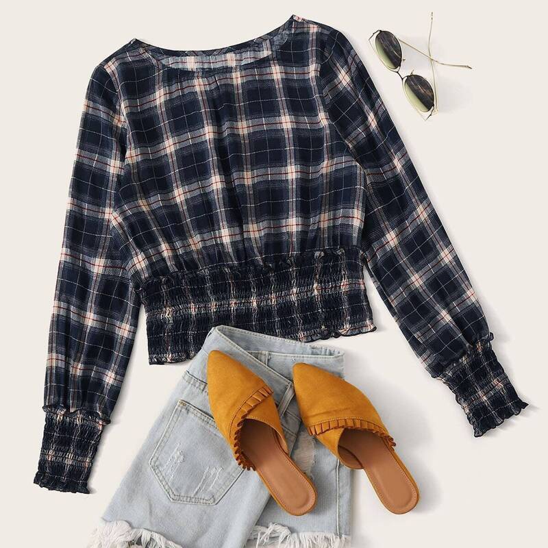 

Lettuce Frill Shirred Plaid Blouse, Navy
