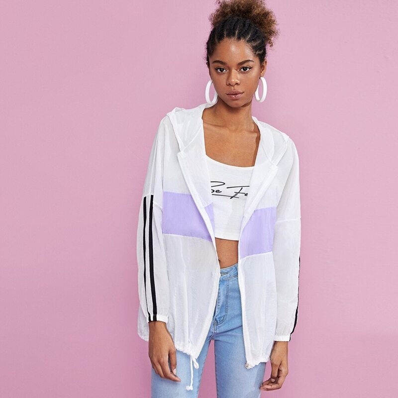 

Side Stripe Contrast Panel Hooded Windbreaker Jacket, White