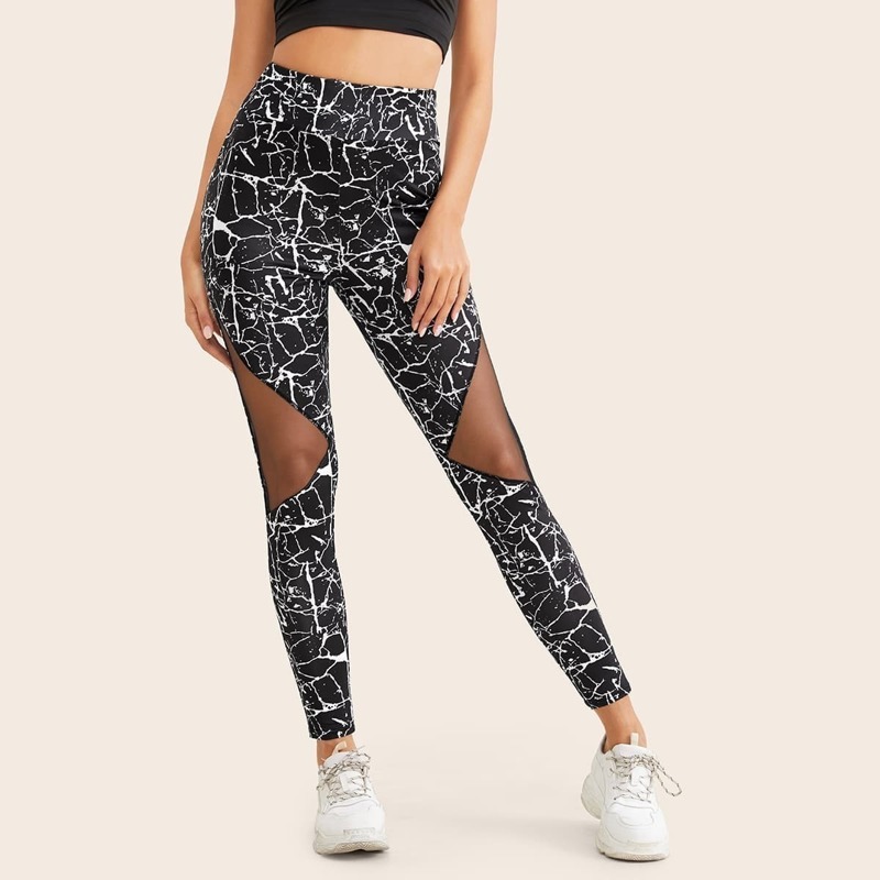 

Contrast Mesh Geometric Print Leggings, Black and white