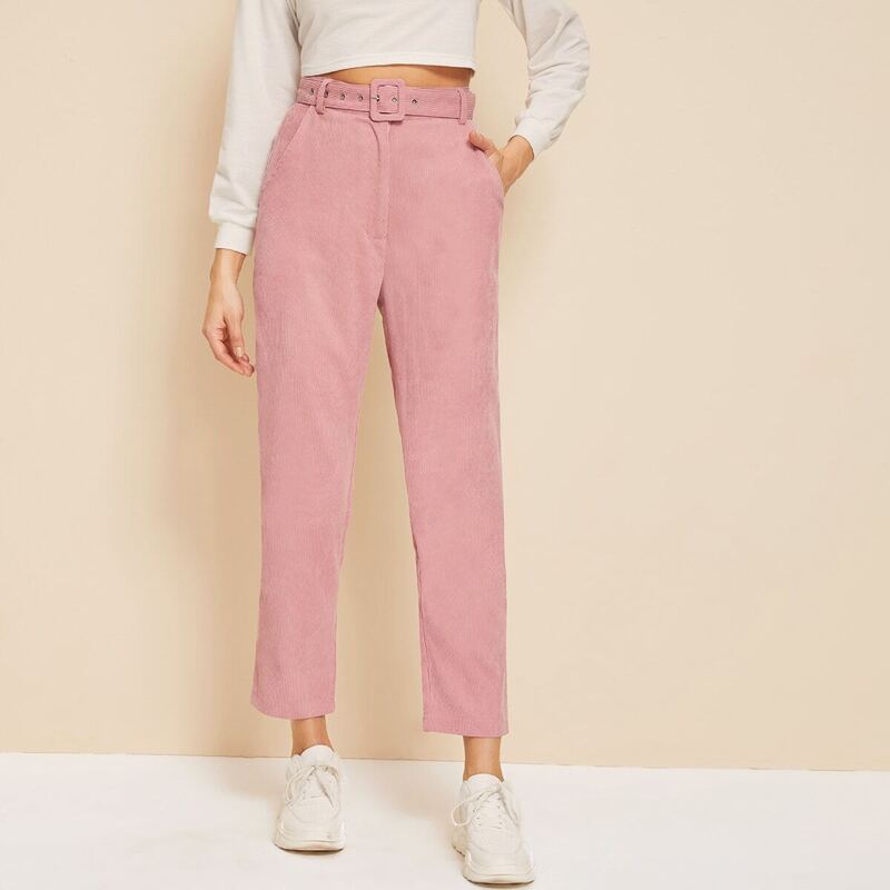 

Pocket Side Belted Corduroy Straight Pants, Pink