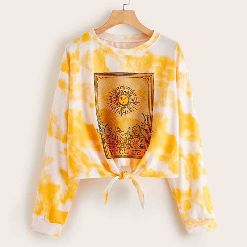

Sun & Letter Graphic Tie Dye Knot Hem Sweatshirt, Yellow