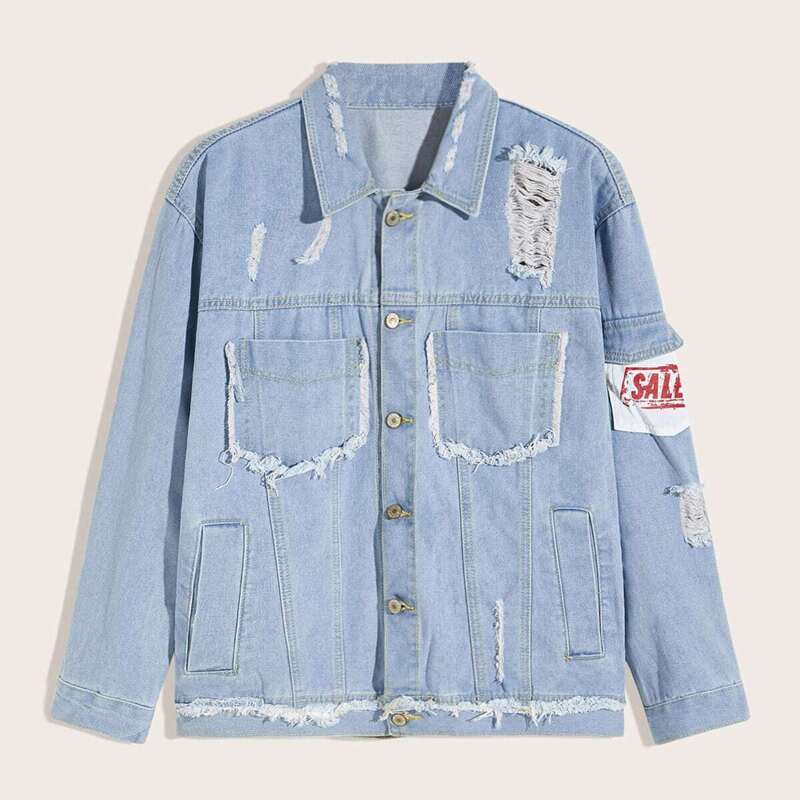 

Guys Letter Print Patched Ripped Denim Jacket, Blue