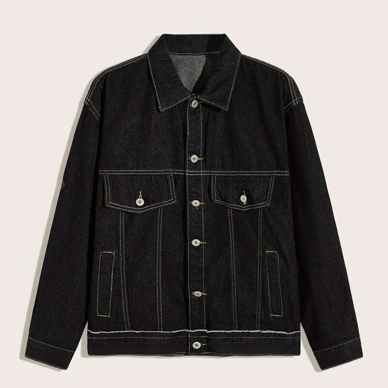 

Guys Contrast Stitching Flap Pocket Denim Jacket, Black
