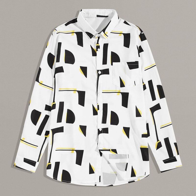 

Guys Graphic Print Curved Hem Shirt, Black and white