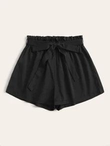 Belted High-Rise Paperbag Waist Shorts - Black - View 3