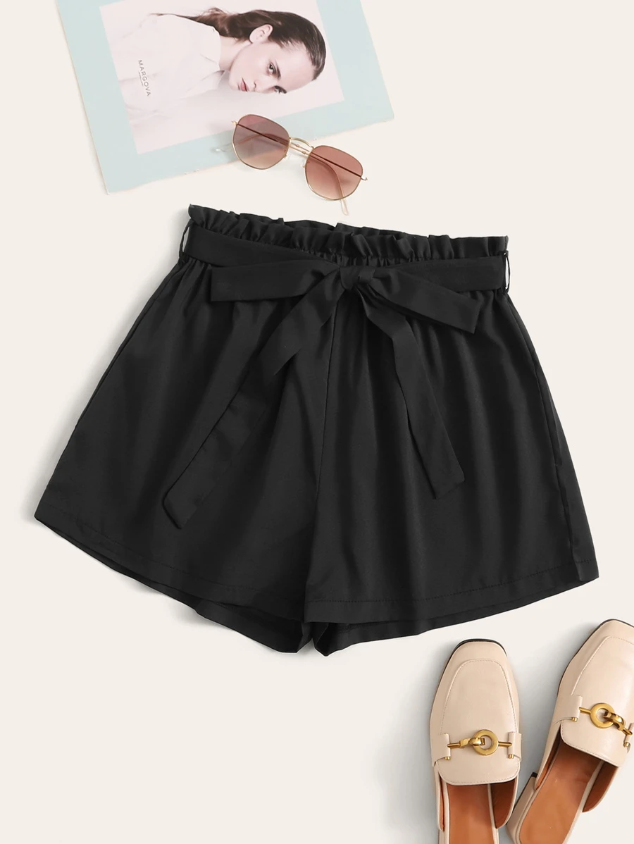 Belted High-Rise Paperbag Waist Shorts - Black - View 1