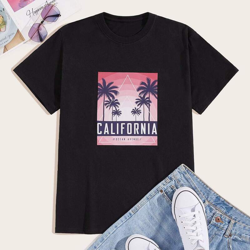 

Guys Letter And Tropical Print Tee, Black