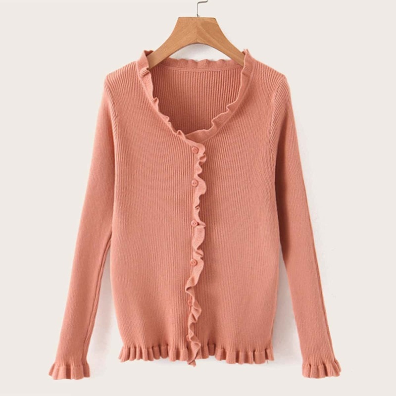 

V-neck Frill Trim Button Front Cardigan, Pink
