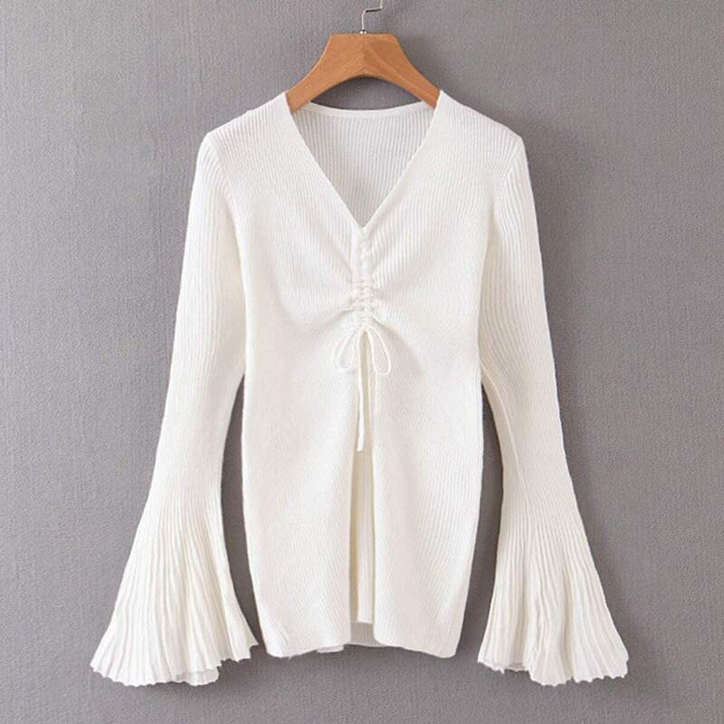 

Flounce Sleeve Drawstring Front Sweater, White