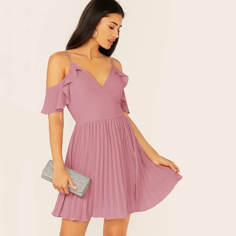 

Cold Shoulder Ruffle Trim Pleated Dress, Pink pastel