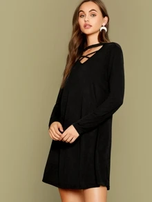 SHEIN Vestido unicolor de cuello con tira - Negro - Ver 4