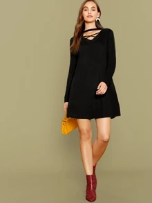 SHEIN Vestido unicolor de cuello con tira - Negro - Ver 1