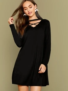 SHEIN Vestido unicolor de cuello con tira - Negro - Ver 3