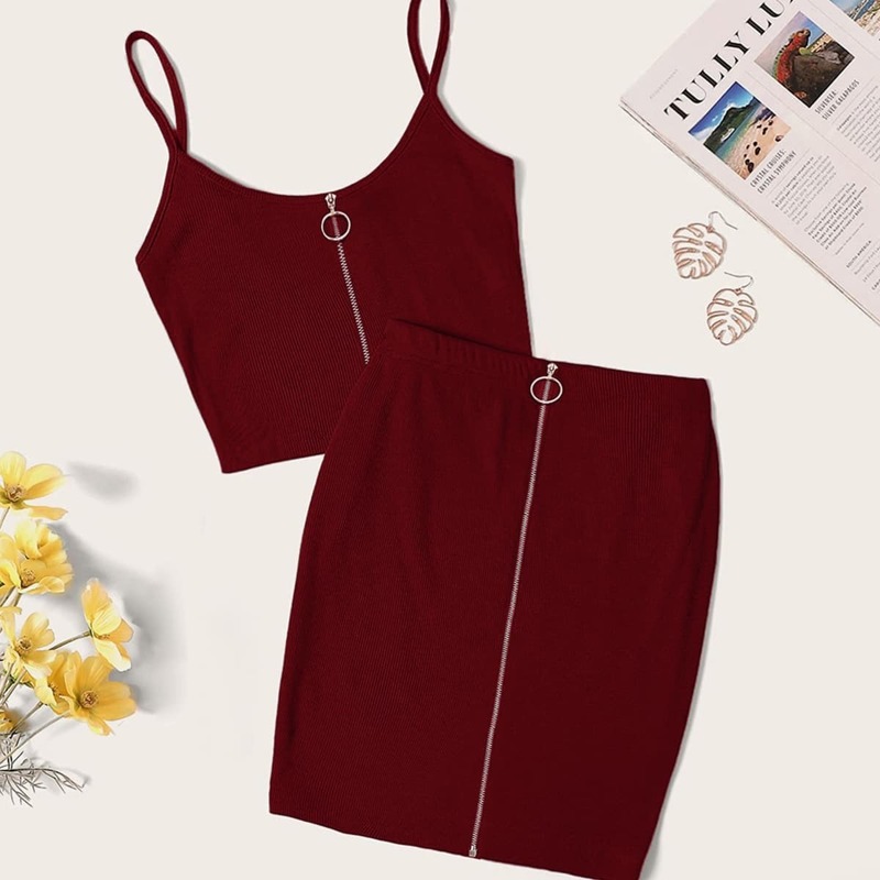 

O-ring Zipper Rib-knit Cami Top & Skirt Set, Burgundy