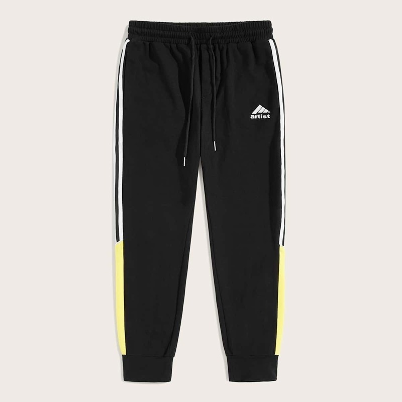 

Guys Drawstring Waist Striped Side Letter Print Sweatpants, Black