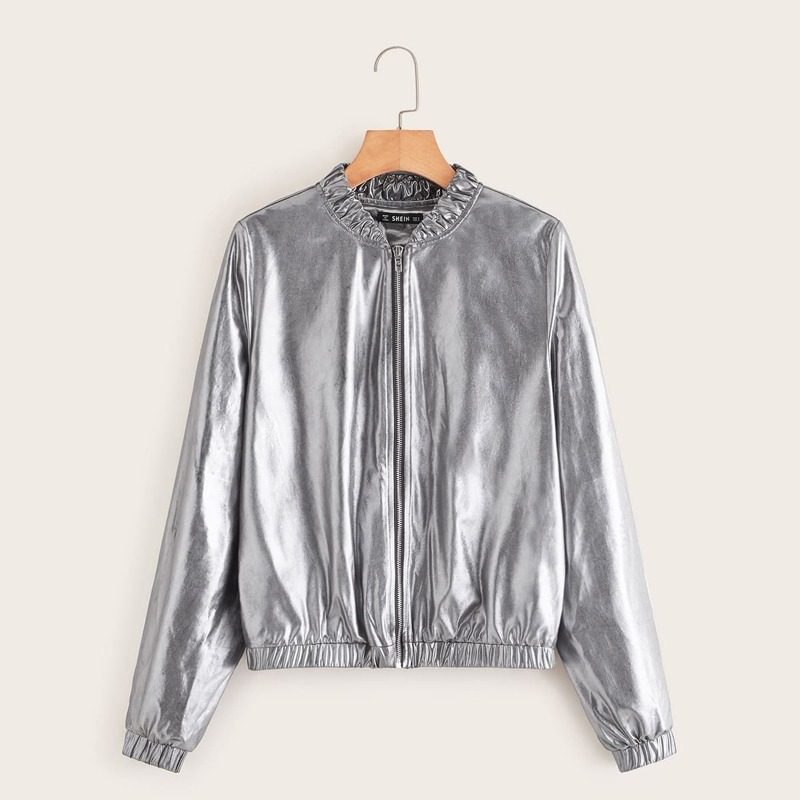 

Zip Up Metallic Bomber Jacket, Grey