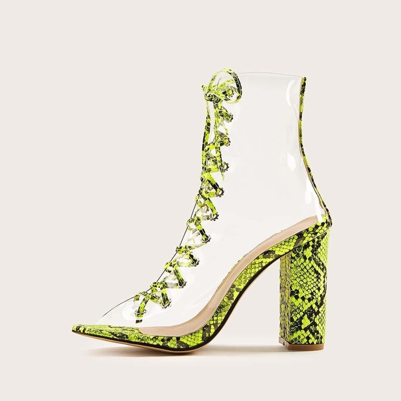 

Peep Toe Lace-up Front Snakeskin Print Chunky Boots, Multicolor