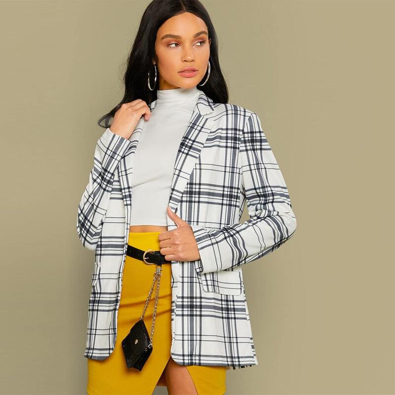 

Notch Collar Flap Detail Plaid Blazer, White